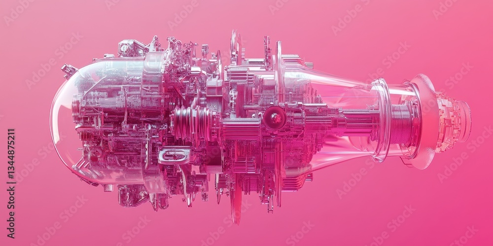 Poster a futuristic complex structure composed of mechanical and transparent elements
