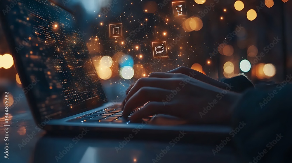 Poster cybersecurity concept with digital locks and laptop, hands typing on a laptop keyboard with digital 