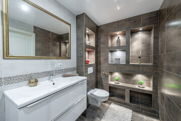 Modern Home Bathroom with Stylish Design Featuring Shelves and Elegant Details