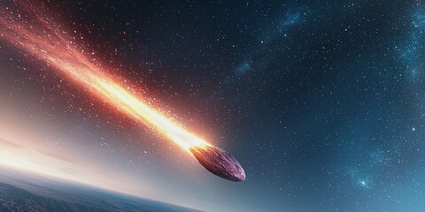A large comet with a fiery tail enters the earth's atmosphere. The comet's tail blazing with sparks