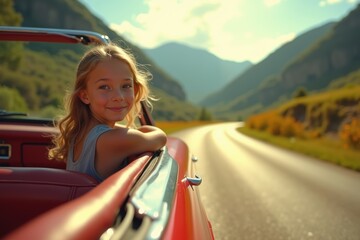 Smiling young girl enjoying a summer road trip in a vintage convertible car, driving along scenic countryside roads with mountains in the background