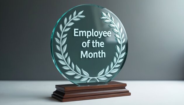 Close-up of Employee of the Month transparent glass award with laurel wreath. Recognition prize, victory or success reward for leadership or achievement. Business and corporate culture concept.