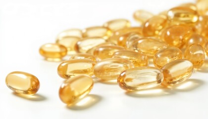 Scattered yellow gel capsules on a light background for health and wellness products