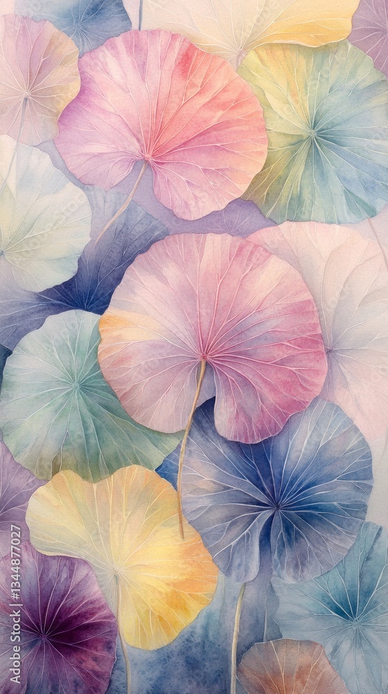 Poster Soft colors blend seamlessly as round leaves create a stunning tapestry of pastels. This artistic display captures the essence of serenity and nature's charm in a vivid way