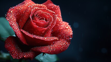 Close-up of a vibrant red rose, covered in dew drops