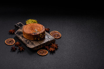 Round puff pastry croissant with pistachio filling or new york roll