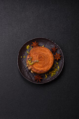 Round puff pastry croissant with pistachio filling or new york roll