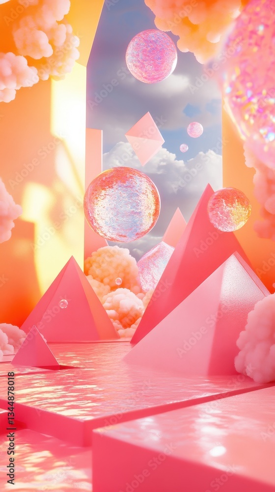Poster a vibrant geometric surreal landscape with spherical and pyramidal objects
