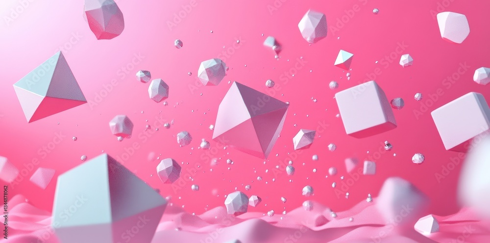 Poster pink background featuring geometric shapes floating around in space