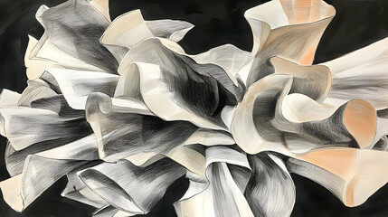 Abstract crumpled paper art, dark background, studio shot, graphic design element