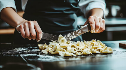 Chef cutting fresh pasta dough in kitchen