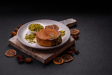 Round puff pastry croissant with pistachio filling or new york roll