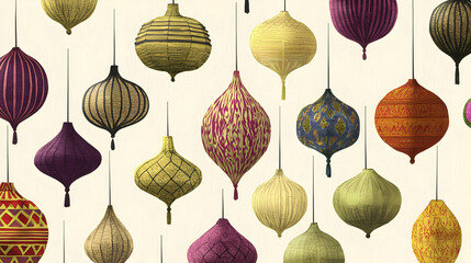 Colorful patterned lanterns hanging, festive background, design element
