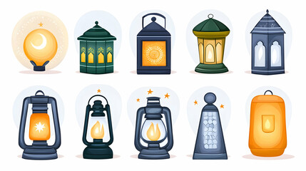 Festive Islamic lanterns, diverse designs, white background, holiday decor