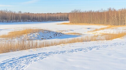 Winter landscape over snowy field near forest edge