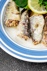 Sardine canned fish dish fresh delicious gourmet food background on table rustic food top view copy space pescetarian diet