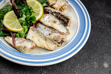 Sardine canned fish dish fresh delicious gourmet food background on table rustic food top view copy space pescetarian diet