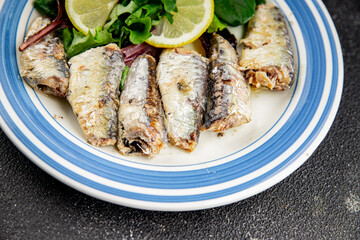 Sardine canned fish dish fresh delicious gourmet food background on table rustic food top view copy space pescetarian diet