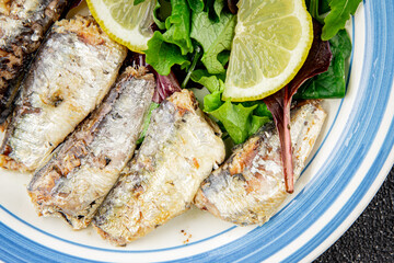 Sardine canned fish dish fresh delicious gourmet food background on table rustic food top view copy space pescetarian diet
