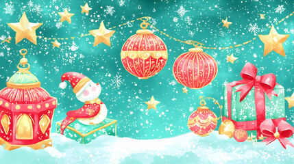 Festive snowman scene with gifts, ornaments, and snow