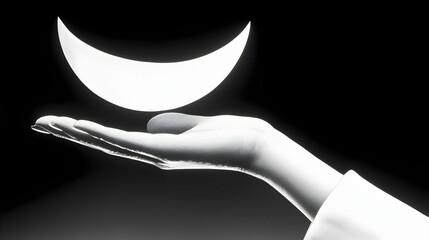 Hand holding crescent moon, dark background, mystical concept, website design