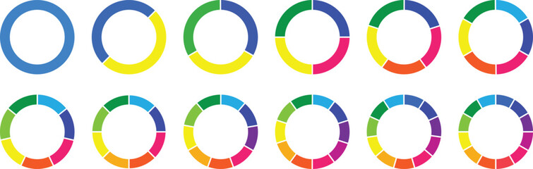 Fototapeta premium Circle pie chart diagram. Pie chart set, segmented circle icons. Circle section graph. Pie chart divided 1,2,3,4,5,6,7,8,9,10,11,12 equal parts. Infographic wheel segment or section parts. Vector set