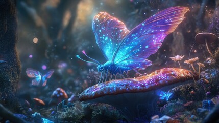 Colorful Glowing Butterfly on a Mushroom in a Fantasy Forest Setting with Sparkling Details and Enchanting Atmosphere