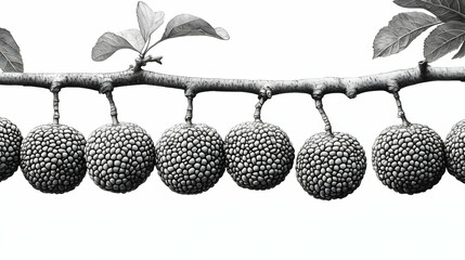 Monochrome illustration of mulberry branch with fruit