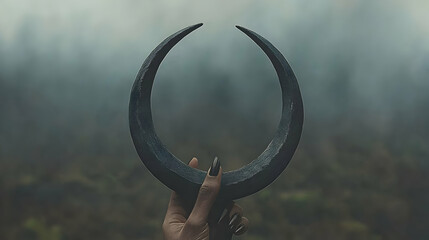 Mystical crescent moon prop held in hand, misty forest background, occult photography