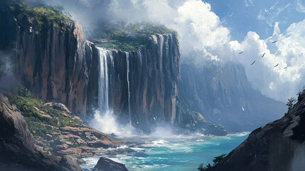 Majestic waterfall cascading down rocky cliffs into a serene turquoise sea under a vibrant sky