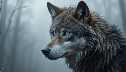 Obraz premium A blue-eyed wolf emerges from thick fog, its features softened by the mist, evoking a sense of intrigue and wilderness.