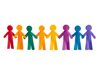 Colorful paper chain people holding hands against a transparent background.  Illustrative image of unity and diversity, PNG