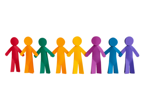 Colorful paper chain people holding hands against a transparent background.  Illustrative image of unity and diversity, PNG