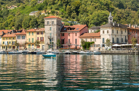 View of the ancient village of Pella on the shore of Lake Orta, in the province of Novara, Italy.