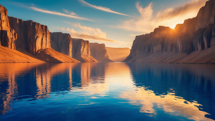 Serene sunset mirroring majestic canyon cliffs in a tranquil lake reflecting golden light.