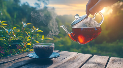 Sunrise tea pouring, mountain view, wooden table