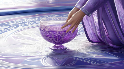 Woman in purple robe pouring purple liquid into a glass bowl on ornate floor