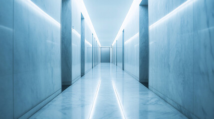 Modern, bright hallway with marble walls and LED floor lighting.