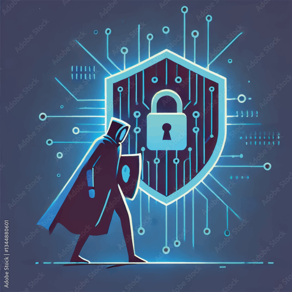 Poster cybersecurity hero walking towards a shield with lock icon