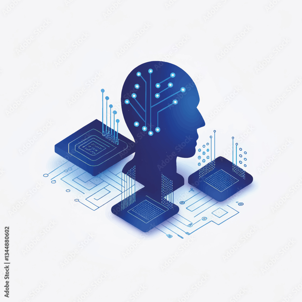 Poster digital brain with circuits and technology elements in blue tones