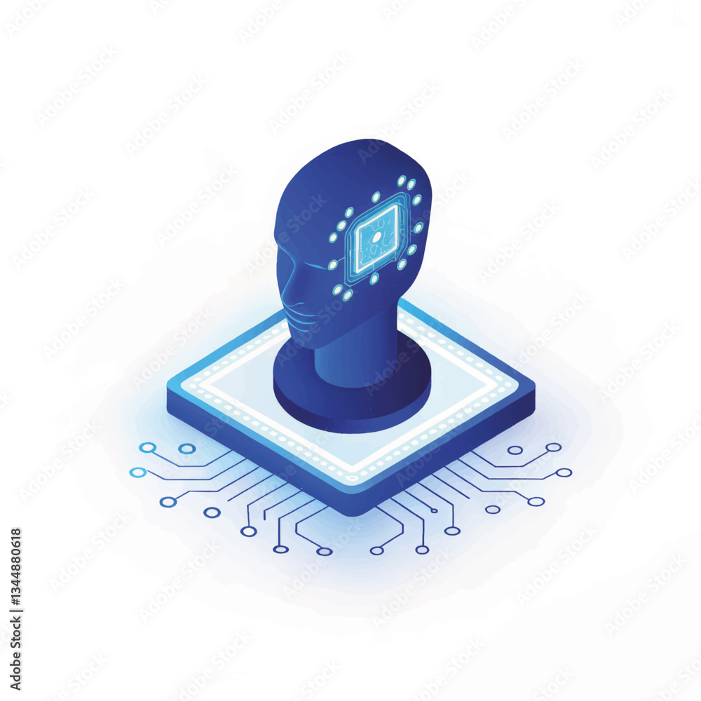 Poster artificial intelligence head on chip circuit background