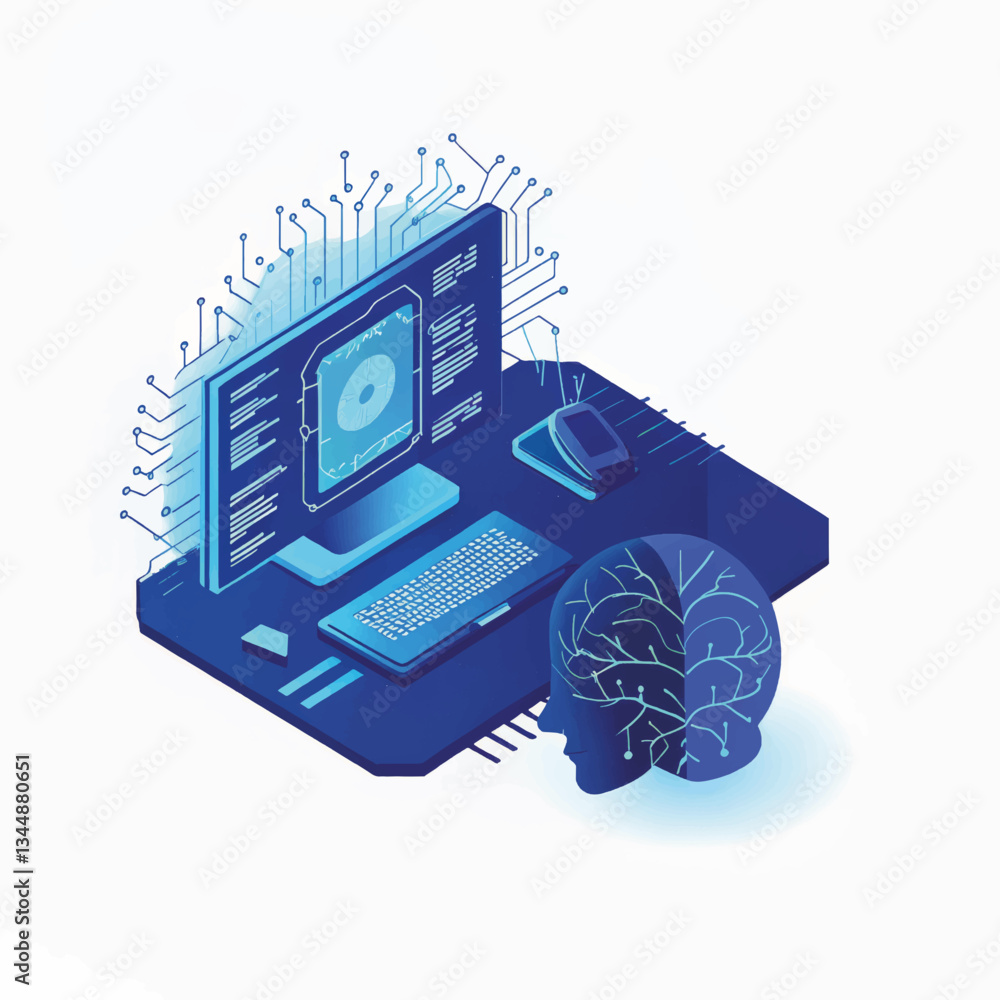 Poster digital brain concept with computer and circuitry background