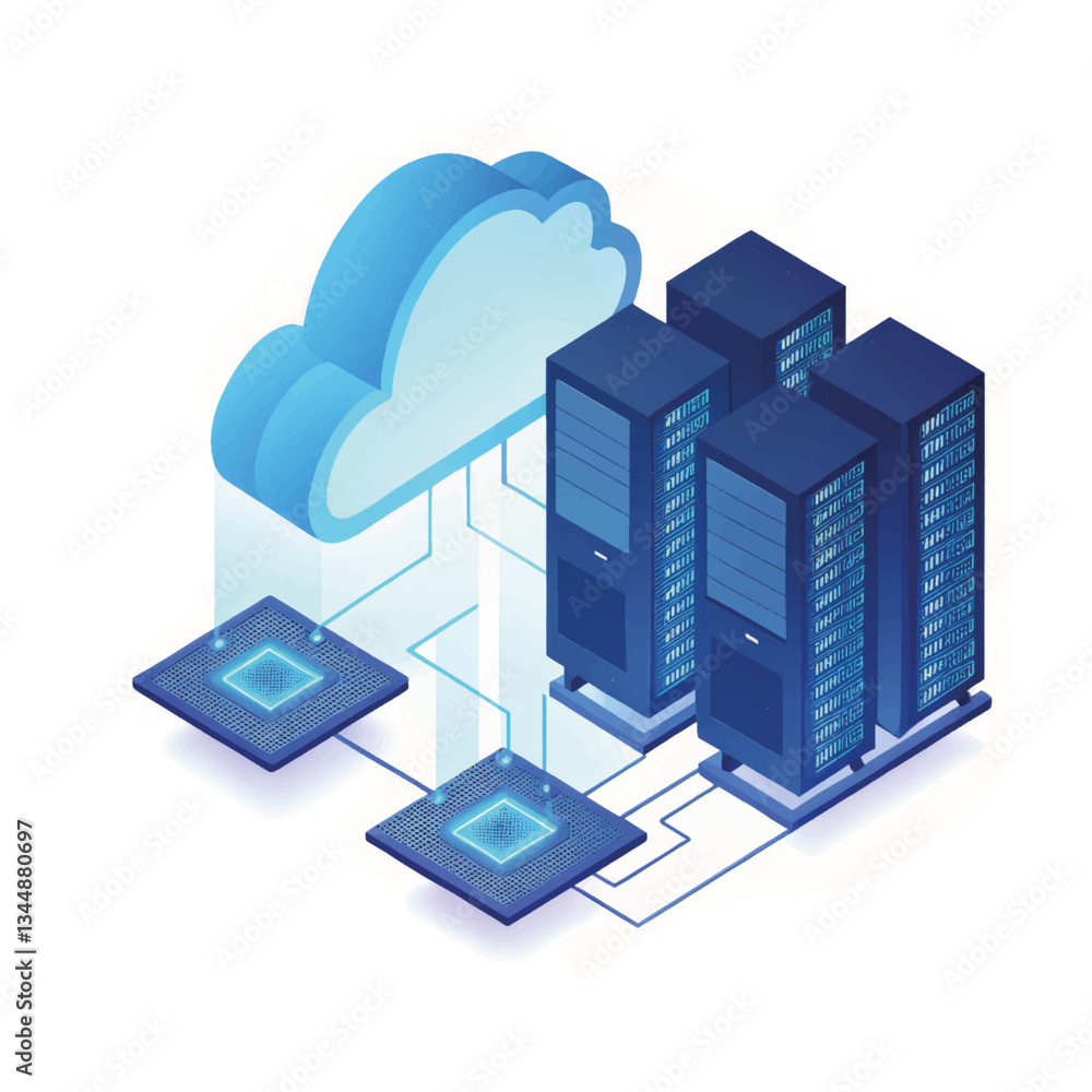 Poster cloud computing server network with data transfer illustration