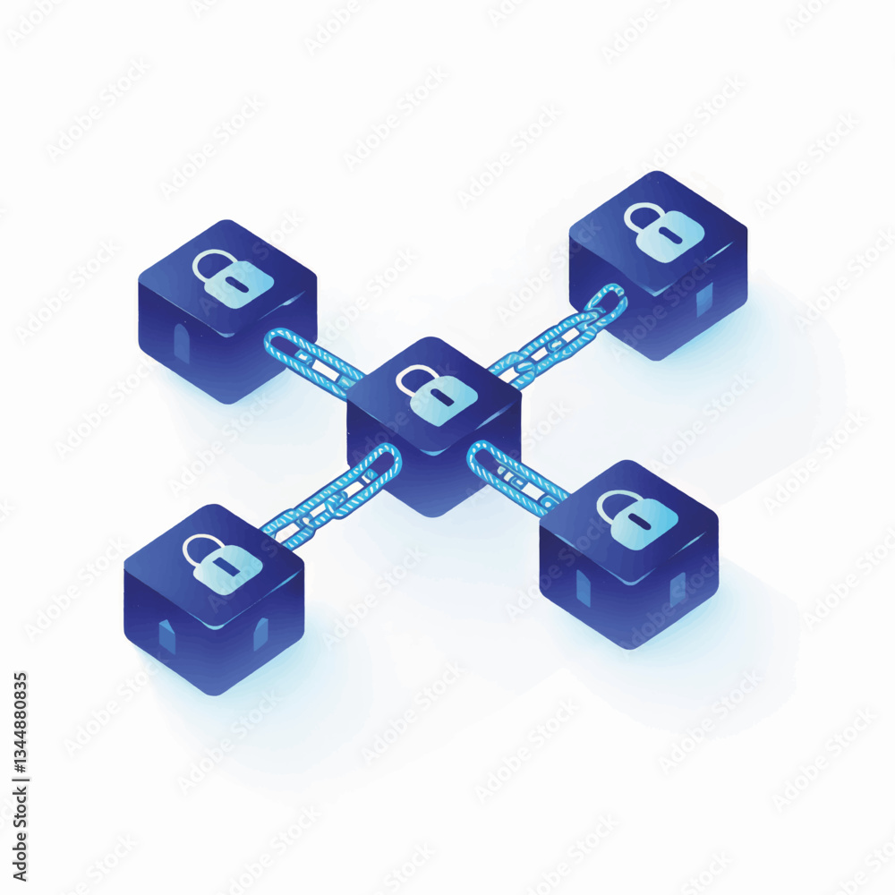 Poster digital blockchain network with secure locks in blue tones