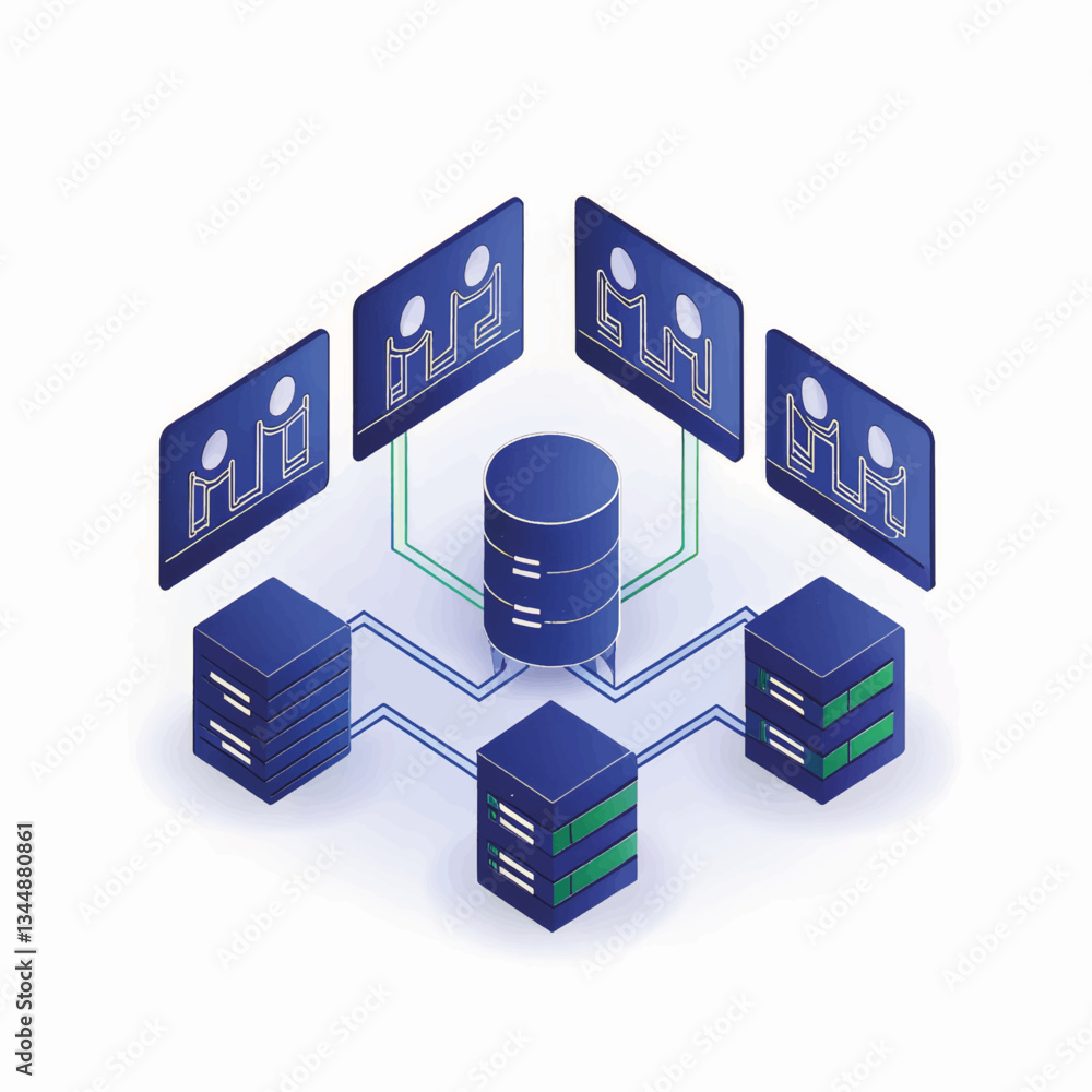 Poster data network connection with user icons and servers in a digital style