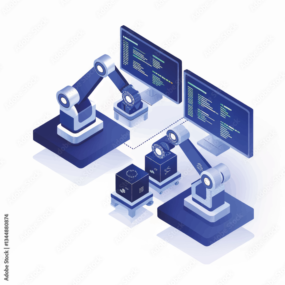 Poster robotic arms working with computers in a modern factory setting