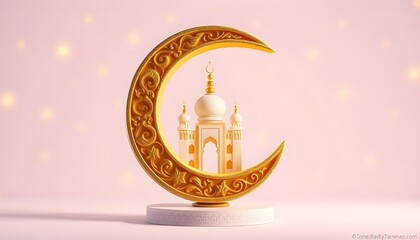eid themed illustration of a mosque with moon on a podium