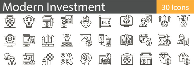 Modern Elements Line Icons Set. Collection of 30 outline icons representing contemporary technology, lifestyle, and design elements. Editable stroke vector illustration.