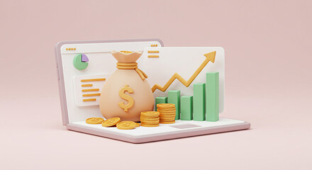 A money bag overflowing with gold coins sits on a laptop displaying a soaring upward financial graph, symbolizing wealth and investment growth with pastel colors and a 3D design.