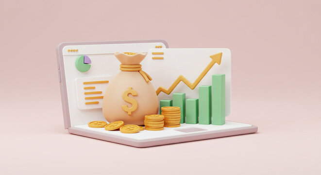A money bag overflowing with gold coins sits on a laptop displaying a soaring upward financial graph, symbolizing wealth and investment growth with pastel colors and a 3D design.